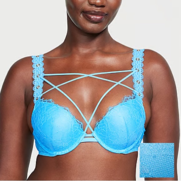 NWT Very SexyRose Lace & Grommet Push-Up Bra in Capri Blue 32DD